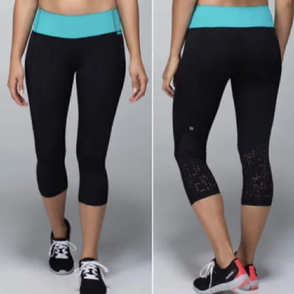 Lululemon Water Bound Crop Black and Teal, Size 8 Excellent pre worn condition